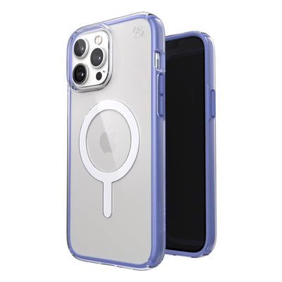 Three-quarter view of back of phone case simultaneously shown with three-quarter front view of phone case.#color_clear-grounded-purple