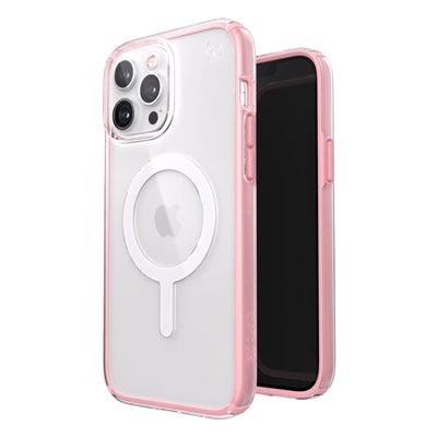 Three-quarter view of back of phone case simultaneously shown with three-quarter front view of phone case.#color_clear-rosy-pink