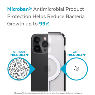 Back view, half without case, other with case, less germs on case - Microban antimicrobial product protection helps reduce bacteria growth up to 99%.#color_clear-black