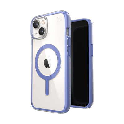 Three-quarter view of back of phone case simultaneously shown with three-quarter front view of phone case#color_clear-grounded-purple