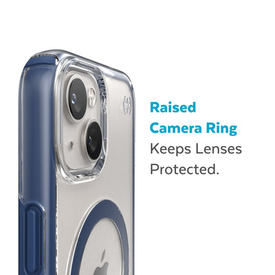 Slightly tilted view of side of phone case showing phone cameras - Raised camera ring keeps lenses protected.#color_clear-coastal-blue