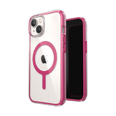 Three-quarter view of back of phone case simultaneously shown with three-quarter front view of phone case#color_clear-digital-pink