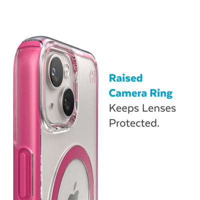 Slightly tilted view of side of phone case showing phone cameras - Raised camera ring keeps lenses protected.#color_clear-digital-pink