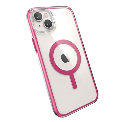 Tilted three-quarter angled view of back of phone case#color_clear-digital-pink