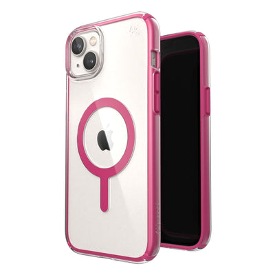 Three-quarter view of back of phone case simultaneously shown with three-quarter front view of phone case#color_clear-digital-pink