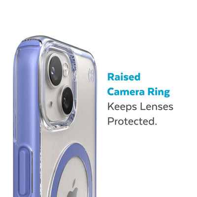 Slightly tilted view of side of phone case showing phone cameras - Raised camera ring keeps lenses protected.#color_clear-grounded-purple