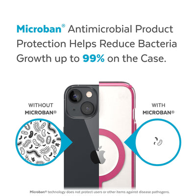 Back view, half without case, other with case, less germs on case - Microban antimicrobial product protection helps reduce bacteria growth up to 99% on the case.#color_clear-digital-pink