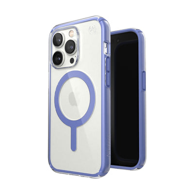 Three-quarter view of back of phone case simultaneously shown with three-quarter front view of phone case#color_clear-grounded-purple