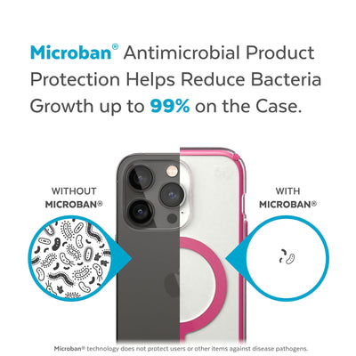 Back view, half without case, other with case, less germs on case - Microban antimicrobial product protection helps reduce bacteria growth up to 99% on the case.#color_clear-digital-pink