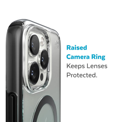 Slightly tilted view of side of phone case showing phone cameras - Raised camera ring keeps lenses protected.#color_clear-black