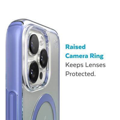 Slightly tilted view of side of phone case showing phone cameras - Raised camera ring keeps lenses protected.#color_clear-grounded-purple