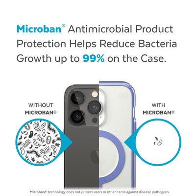 Back view, half without case, other with case, less germs on case - Microban antimicrobial product protection helps reduce bacteria growth up to 99% on the case.#color_clear-grounded-purple