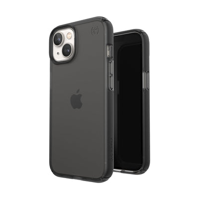 Three-quarter view of back of phone case simultaneously shown with three-quarter front view of phone case#color_obsidian