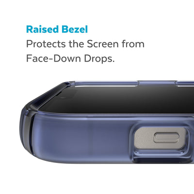 View of top of phone case laying on its back - Raised bezel protects the screen from face-down drops.#color_coastal-blue