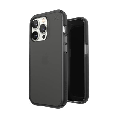 Three-quarter view of back of phone case simultaneously shown with three-quarter front view of phone case#color_obsidian