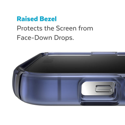 View of top of phone case laying on its back - Raised bezel protects the screen from face-down drops.#color_coastal-blue