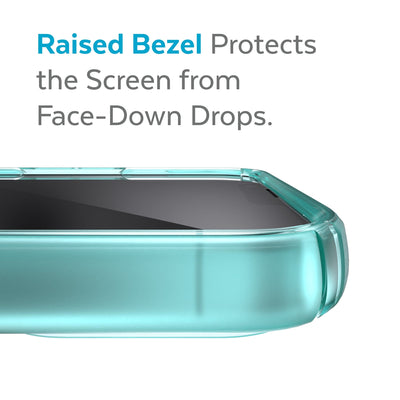 View of top of phone case laying on its back - Raised bezel protects the screen from face-down drops.#color_fantasy-teal