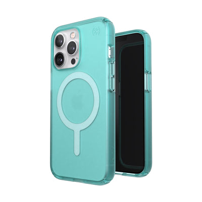 Three-quarter view of back of phone case simultaneously shown with three-quarter front view of phone case#color_fantasy-teal