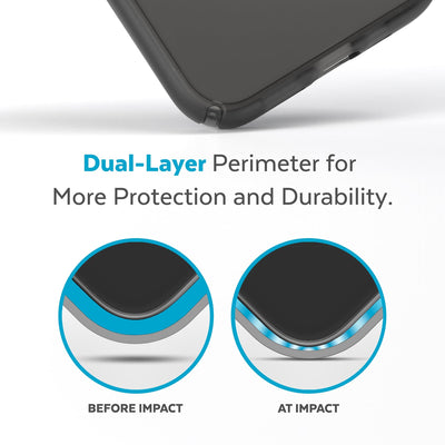 View of corner of phone case impacting ground with illustrations showing before and after impact - Dual layer perimeter for more protection and durability.#color_obsidian