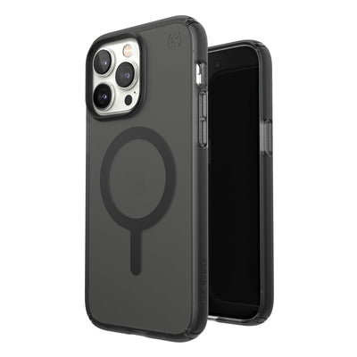 Three-quarter view of back of phone case simultaneously shown with three-quarter front view of phone case#color_obsidian