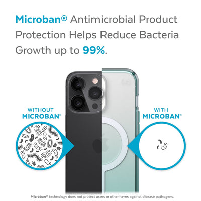 Back view, half without case, other with case, less germs on case - Microban antimicrobial product protection helps reduce bacteria growth up to 99%.#color_clear-arctic-teal-fade