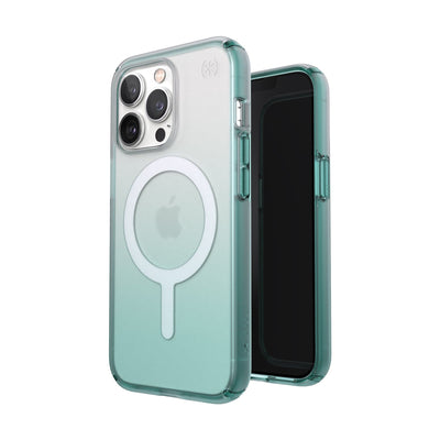 Three-quarter view of back of phone case simultaneously shown with three-quarter front view of phone case#color_clear-arctic-teal-fade