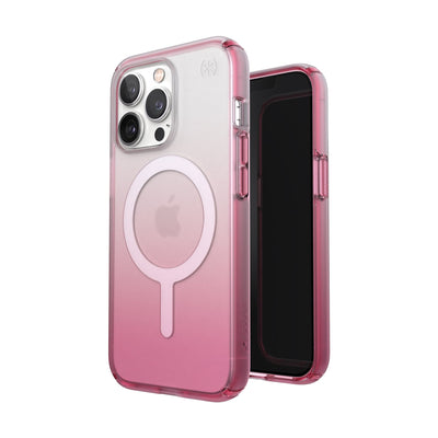 Three-quarter view of back of phone case simultaneously shown with three-quarter front view of phone case#color_clear-cosmo-pink-fade