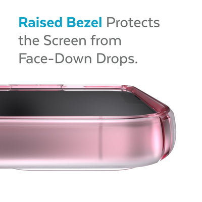 View of top of phone case laying on its back - Raised bezel protects the screen from face-down drops.#color_clear-cosmo-pink-fade