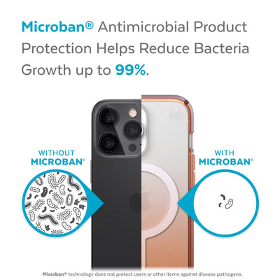 Back view, half without case, other with case, less germs on case - Microban antimicrobial product protection helps reduce bacteria growth up to 99%.#color_clear-orange-soda-fade