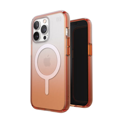 Three-quarter view of back of phone case simultaneously shown with three-quarter front view of phone case#color_clear-orange-soda-fade