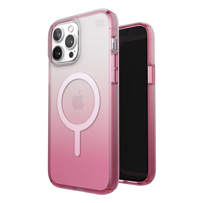 Three-quarter view of back of phone case simultaneously shown with three-quarter front view of phone case#color_clear-cosmo-pink-fade