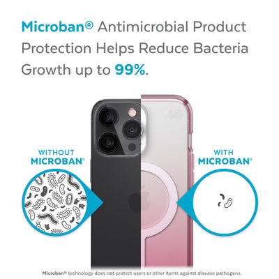 Back view, half without case, other with case, less germs on case - Microban antimicrobial product protection helps reduce bacteria growth up to 99%.#color_clear-cosmo-pink-fade