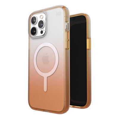 Three-quarter view of back of phone case simultaneously shown with three-quarter front view of phone case#color_clear-orange-soda-fade