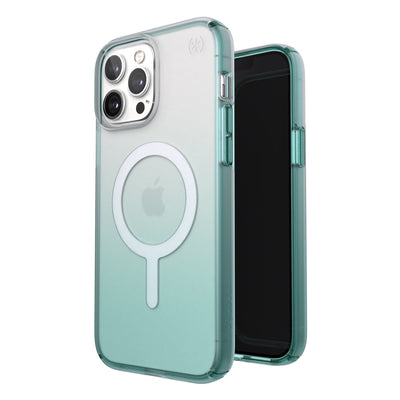 Three-quarter view of back of phone case simultaneously shown with three-quarter front view of phone case#color_clear-arctic-teal-fade