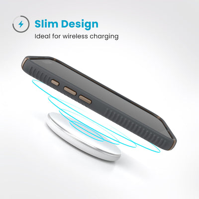 A phone in the case hovers above a wireless charger. Text reads Slim Design: Ideal for wireless charging#color_charcoal-grey-cool-bronze