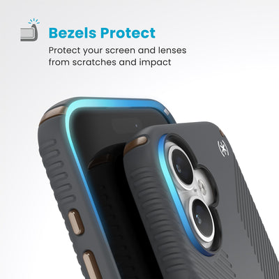 Raised bezels around phone screen and camera are highlighted. Text reads Bezels Protect: Protect your screen and lenses from scratches and impact#color_charcoal-grey-cool-bronze