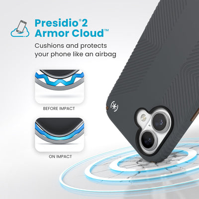 A corner of the case impacts the ground - a diagram shows interior cushion of phone before impact and on impact. Text reads Presidio2 Armor Cloud: Cushions and protects your phone like an airbag#color_charcoal-grey-cool-bronze