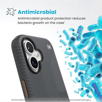 Bacteria is shown around phone case but not on it. Text reads Antimicrobial: Antimicrobial product protection reduces bacteria growth on the case (Antimicrobial technology does not protect users or other items against disease pathogens)#color_charcoal-grey-cool-bronze