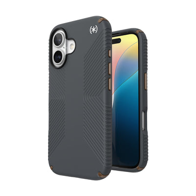 Three-quarter view of back of phone case with phone inside shown over top of front view of phone case with phone inside#color_charcoal-grey-cool-bronze