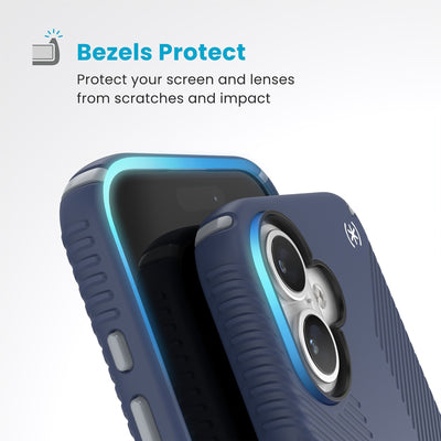 Raised bezels around phone screen and camera are highlighted. Text reads Bezels Protect: Protect your screen and lenses from scratches and impact#color_coastal-blue-dust-grey