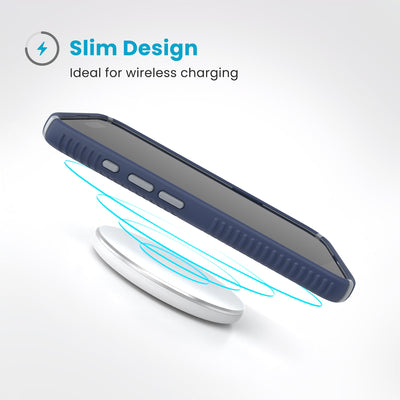 A phone in the case hovers above a wireless charger. Text reads Slim Design: Ideal for wireless charging#color_coastal-blue-dust-grey