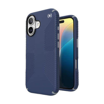 Three-quarter view of back of phone case with phone inside shown over top of front view of phone case with phone inside#color_coastal-blue-dust-grey