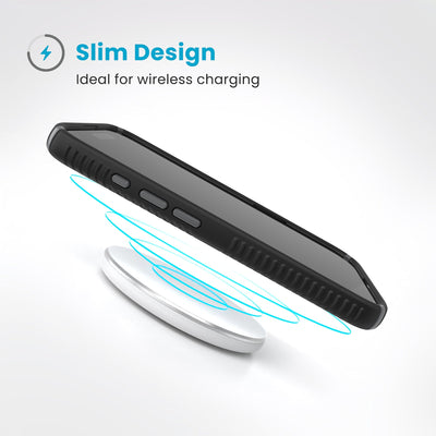 A phone in the case hovers above a wireless charger. Text reads Slim Design: Ideal for wireless charging#color_black-slate-grey