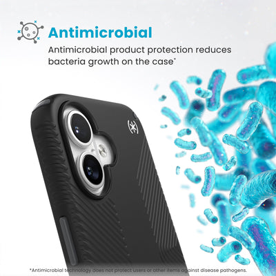 Bacteria is shown around phone case but not on it. Text reads Antimicrobial: Antimicrobial product protection reduces bacteria growth on the case (Antimicrobial technology does not protect users or other items against disease pathogens)#color_black-slate-grey