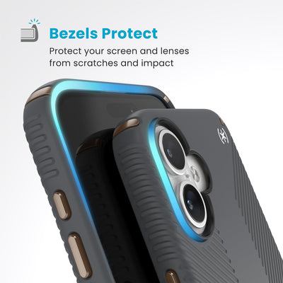 Raised bezels around phone screen and camera are highlighted. Text reads Bezels Protect: Protect your screen and lenses from scratches and impact#color_charcoal-grey-cool-bronze