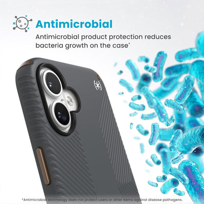 Bacteria is shown around phone case but not on it. Text reads Antimicrobial: Antimicrobial product protection reduces bacteria growth on the case (Antimicrobial technology does not protect users or other items against disease pathogens)#color_charcoal-grey-cool-bronze