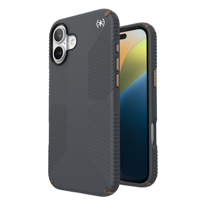 Three-quarter view of back of phone case with phone inside shown over top of front view of phone case with phone inside#color_charcoal-grey-cool-bronze