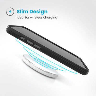 A phone in the case hovers above a wireless charger. Text reads Slim Design: Ideal for wireless charging#color_black-slate-grey