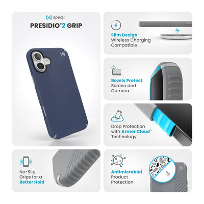 Various close-ups of case are shown. Text reads Speck Presidio2 Grip: No-slip grips for a better hold, slim design - wireless charging compatible, bezels protect screen and camera, drop protection with Armor Cloud Technology, antimicrobial product protection#color_coastal-blue-dust-grey