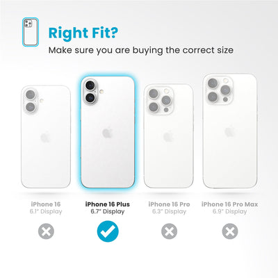 All four phones are shown - iPhone 16 Plus 6.7-inch display is highlighted. Text reads Right fit? Make sure you are buying the correct size#color_coastal-blue-dust-grey